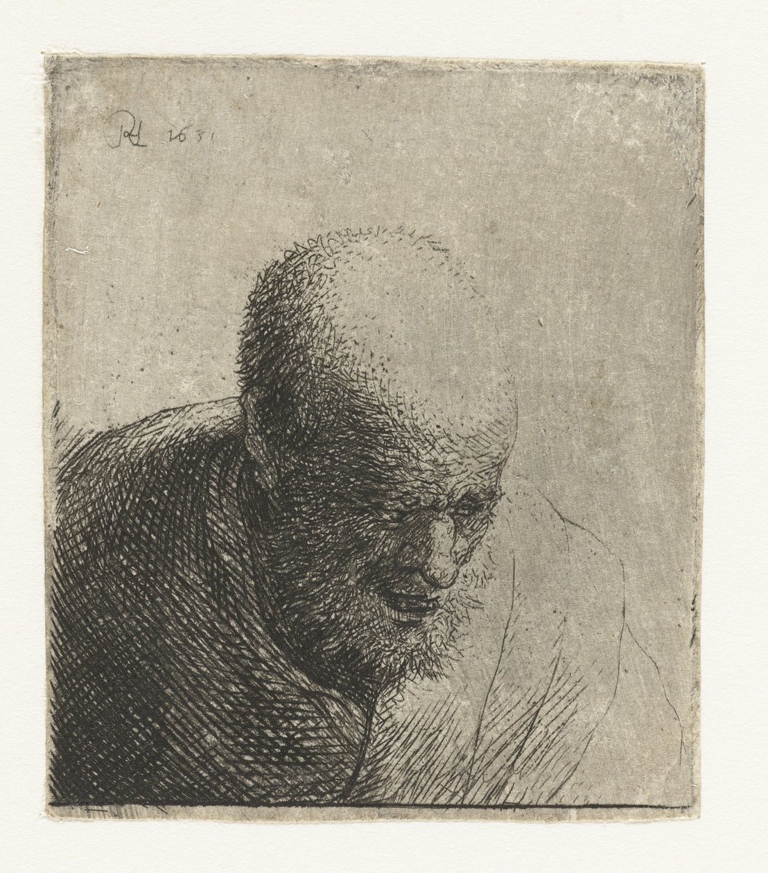 Nyitott szájú kopasz férfi, lefelé nézve: mellszobor alkotó: Rembrandt van Rijn