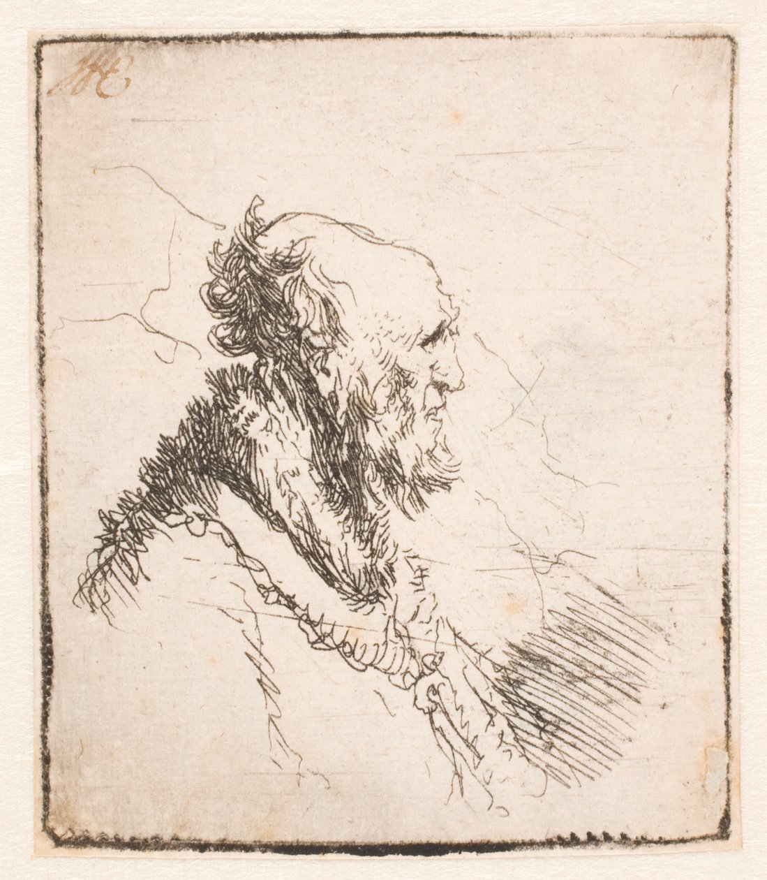 Kopasz öregember, rövid szakállal, profilban jobbra alkotó: Rembrandt van Rijn