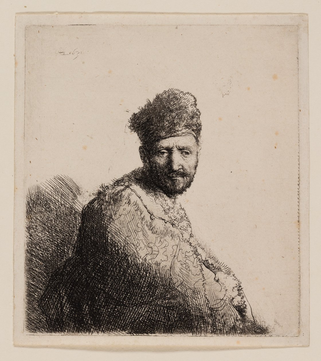 Szakállas férfi, bundás keleti sapkában és köntösben alkotó: Rembrandt van Rijn
