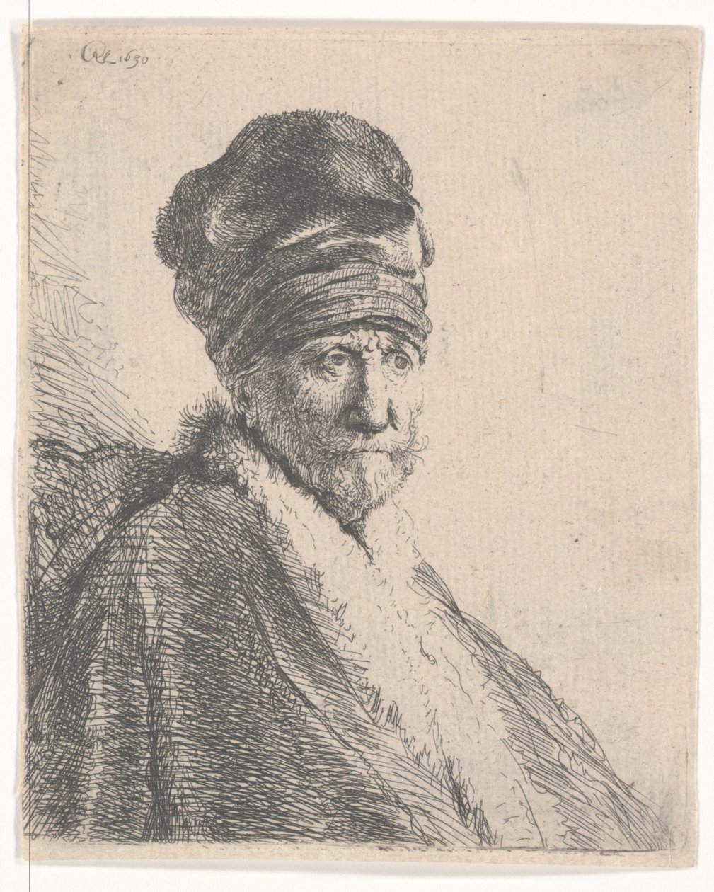 Szakállas férfi bundás keleti sapkában és köntösben, magas sapkát visel, 1630 alkotó: Rembrandt van Rijn