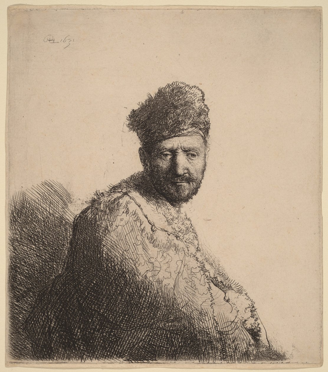 Szakállas férfi, szőrös keleti sapkában és köntösben: a művész apja alkotó: Rembrandt van Rijn