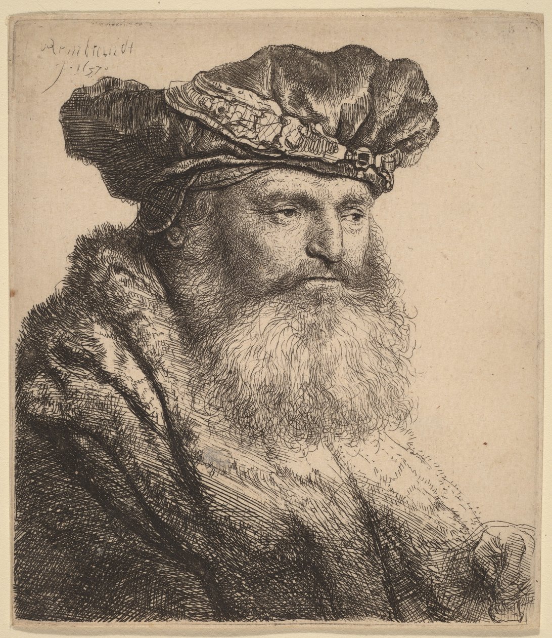 Szakállas férfi bársony sapkában, drágakővel díszített kapcsokkal alkotó: Rembrandt van Rijn