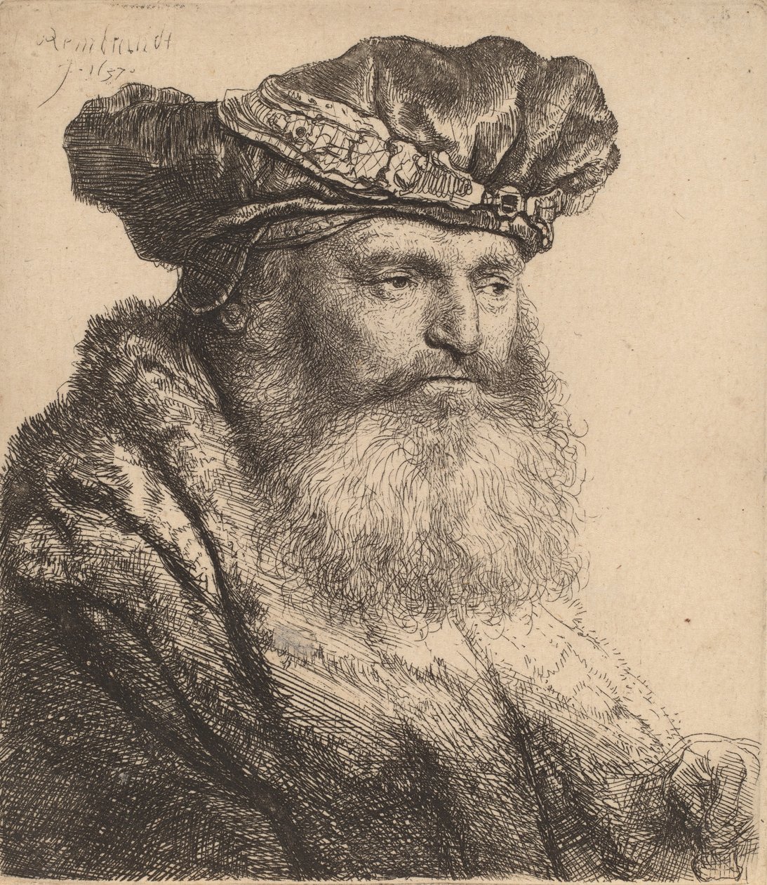 Szakállas férfi bársonysapkában, ékszercsattal, 1637 alkotó: Rembrandt van Rijn
