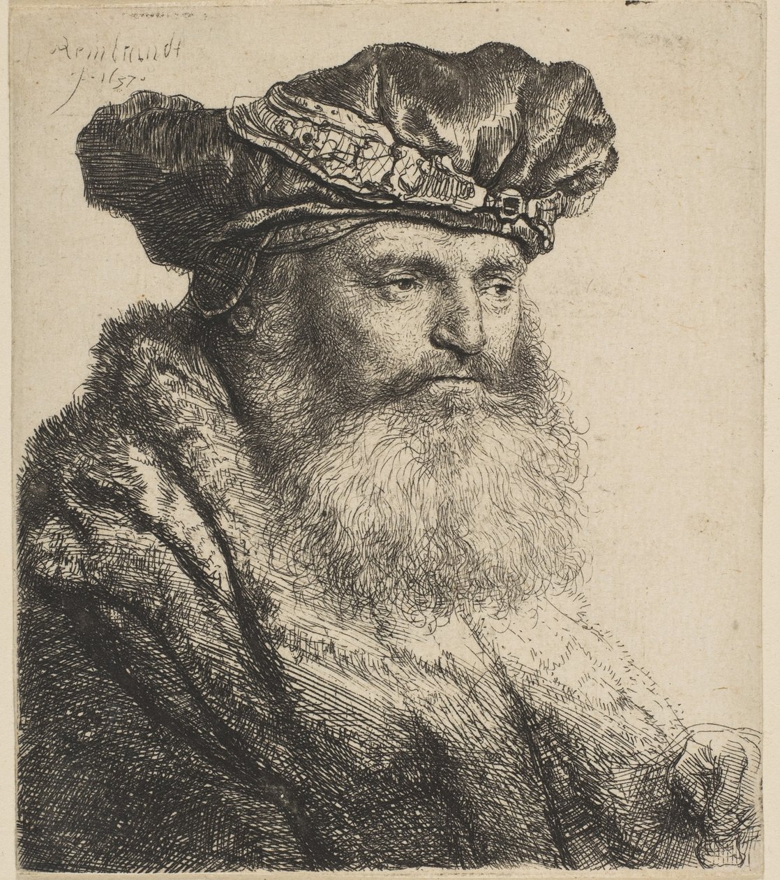 Szakállas férfi bársonysapkában, ékszercsattal, 1637. alkotó: Rembrandt van Rijn