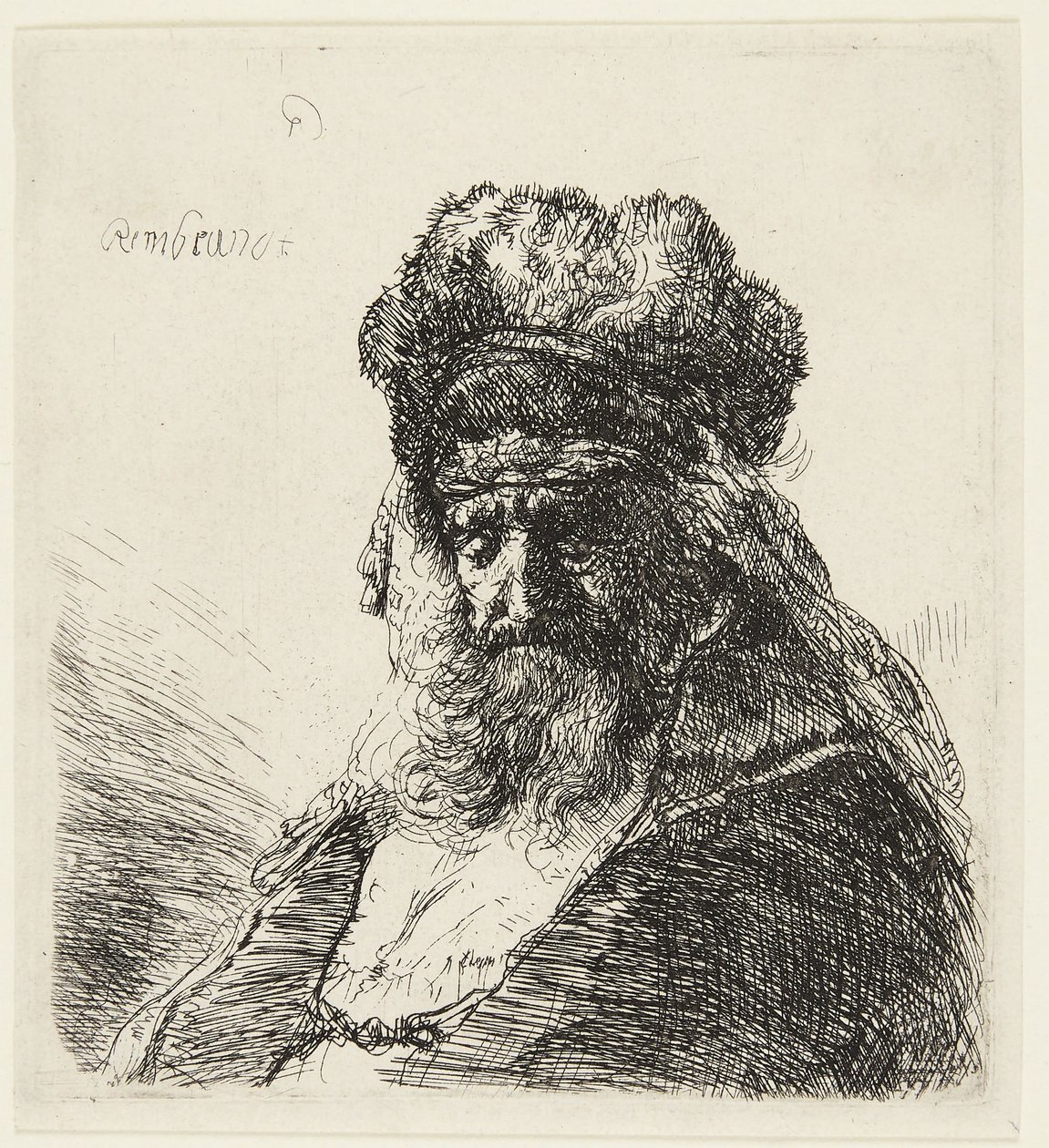 Sakállas öregember magas szőrme sapkában, csukott szemmel alkotó: Rembrandt van Rijn