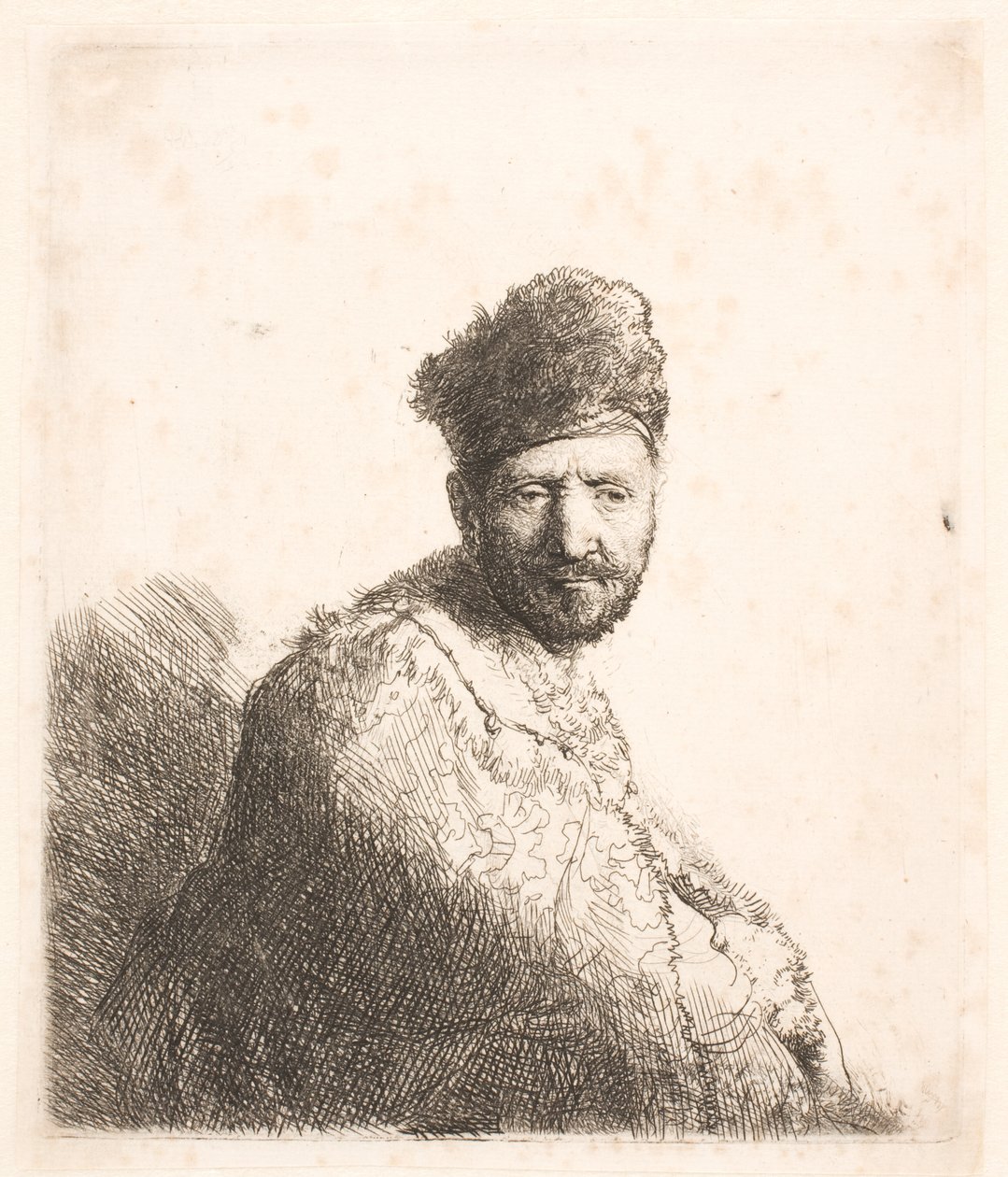 Szakállas férfi (Rembrandt apja) szőrme díszítésű keleti sapkában és köntösben: félalakos alkotó: Rembrandt van Rijn