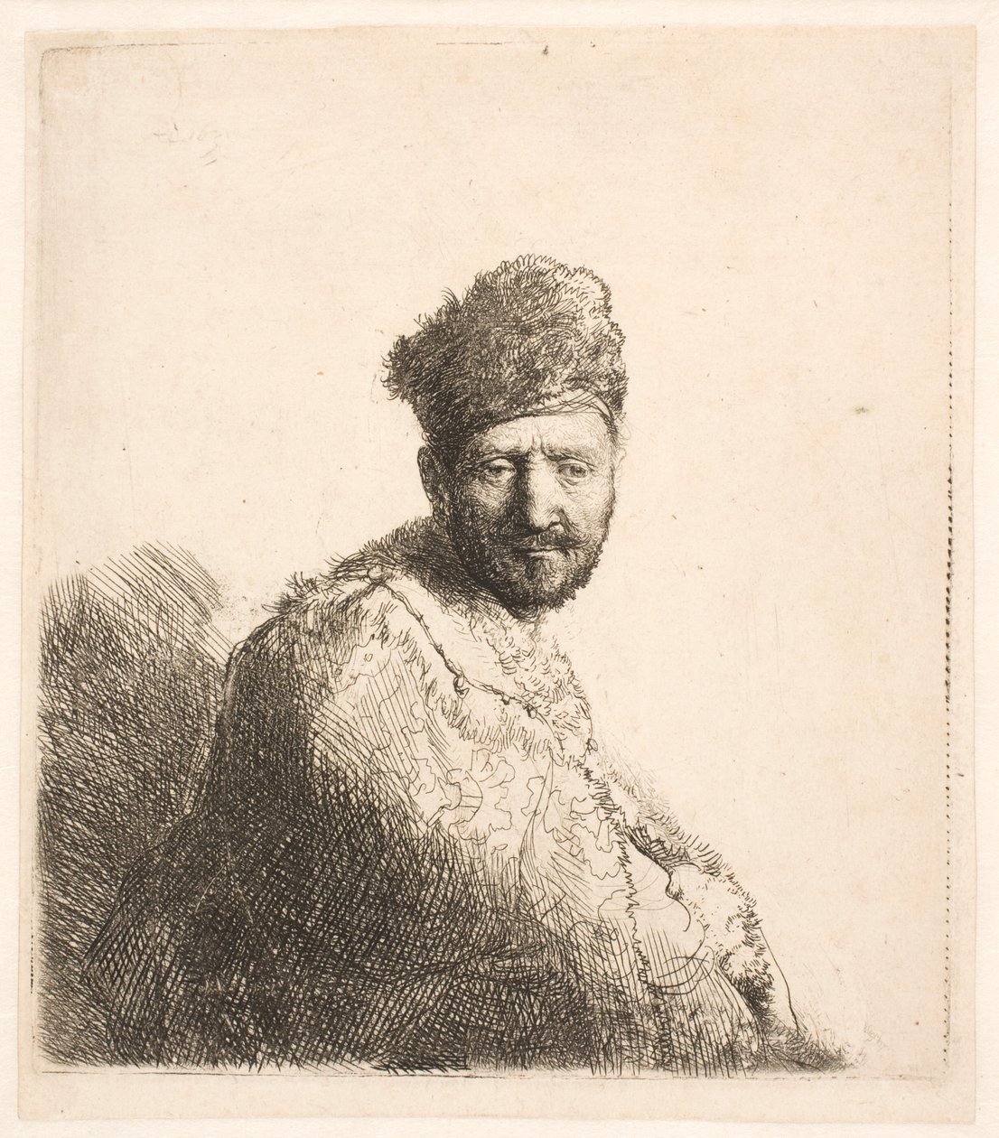 Szakállas férfi (Rembrandt apja) szőrme díszítésű keleti sapkában és köntösben: félalakos alkotó: Rembrandt van Rijn