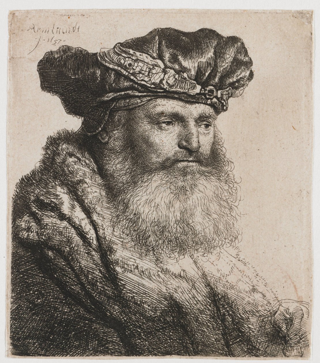 Szakállas férfi bársonysapkában, ékszercsattal alkotó: Rembrandt van Rijn