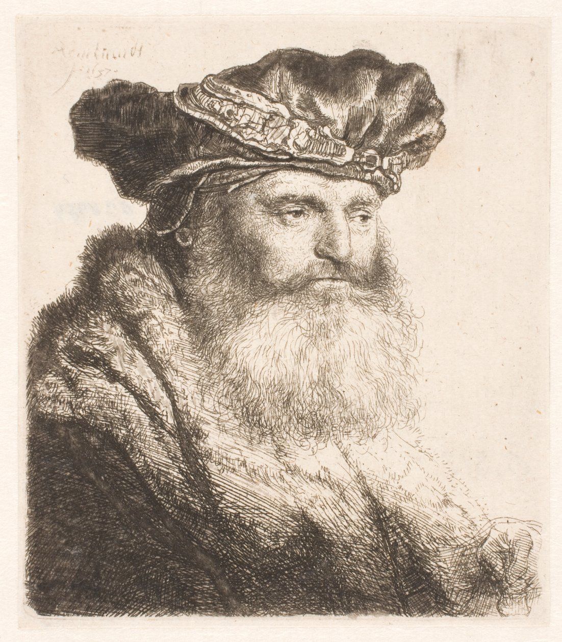 Szakállas férfi bársony sapkát visel ékszercsattal alkotó: Rembrandt van Rijn