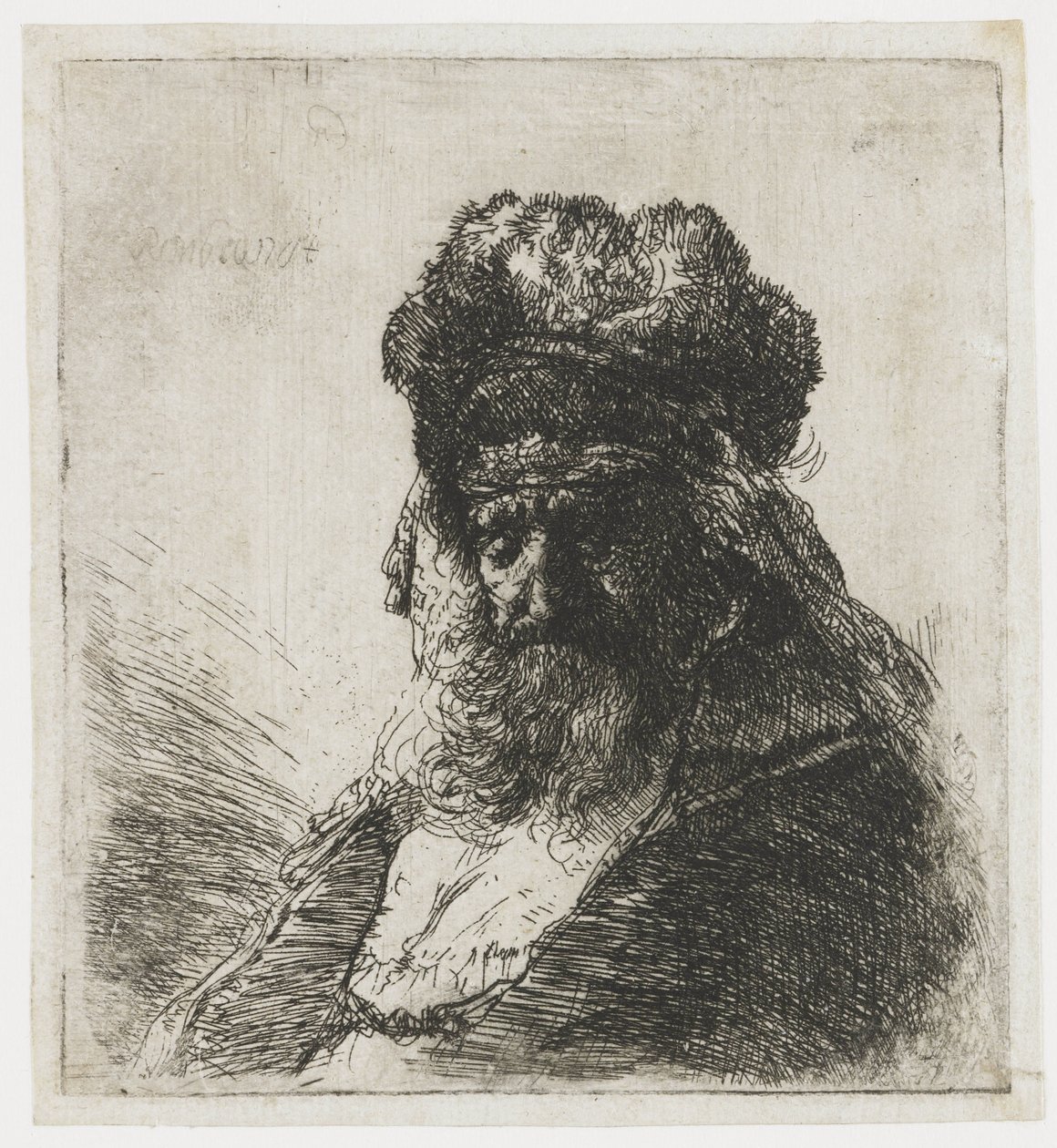 Szakállas öregember magas szőrsapkában, csukott szemmel alkotó: Rembrandt van Rijn