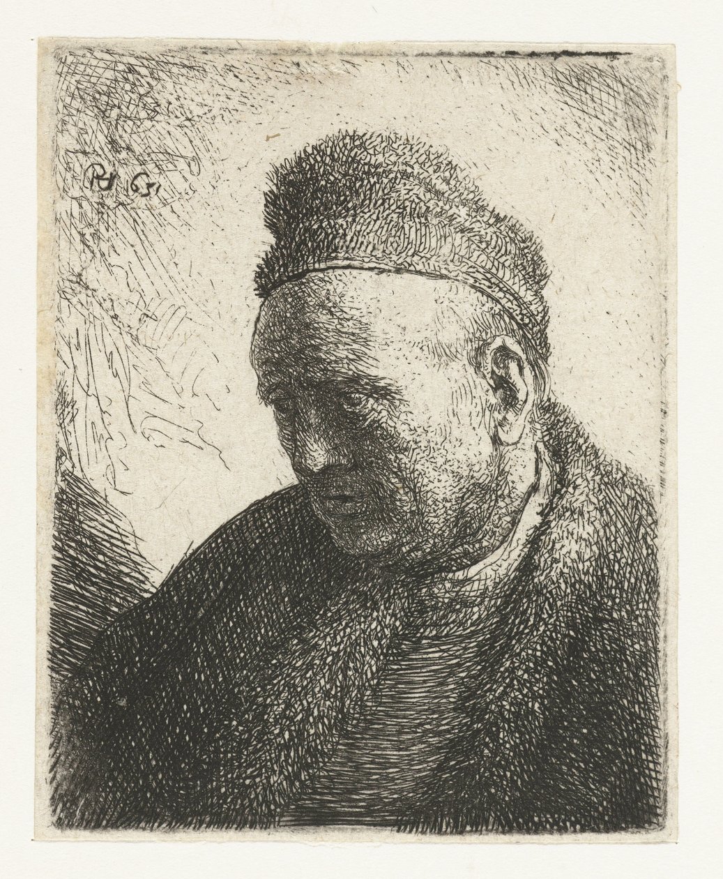 Szakállatlan férfi prémes köpenyben és sapkában: mellszobor alkotó: Rembrandt van Rijn