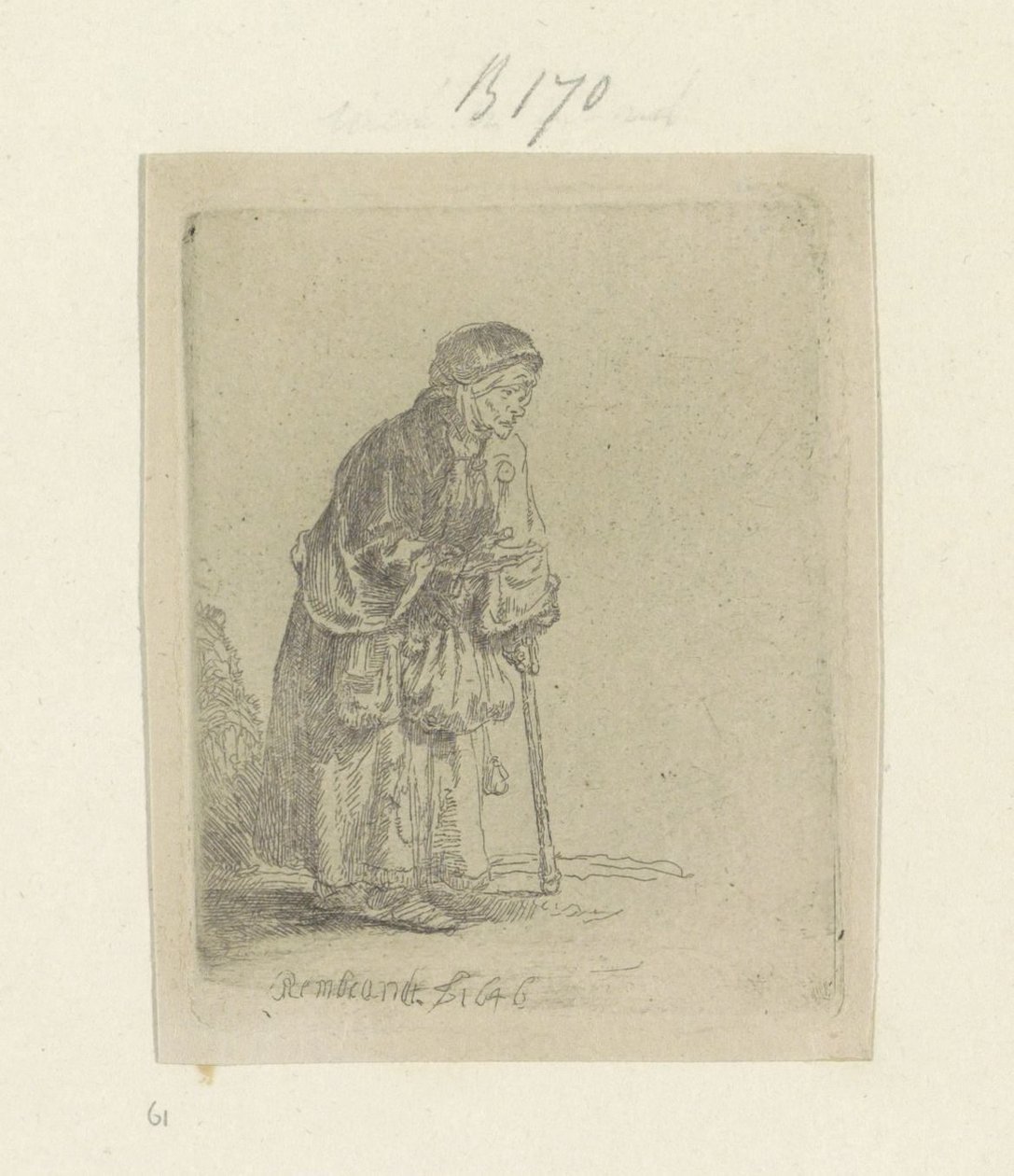 Koldusasszony, botra támaszkodva, jobbra Recueil de quatre-vingt-cinq estampes originales (sorozat címe) alkotó: Rembrandt van Rijn