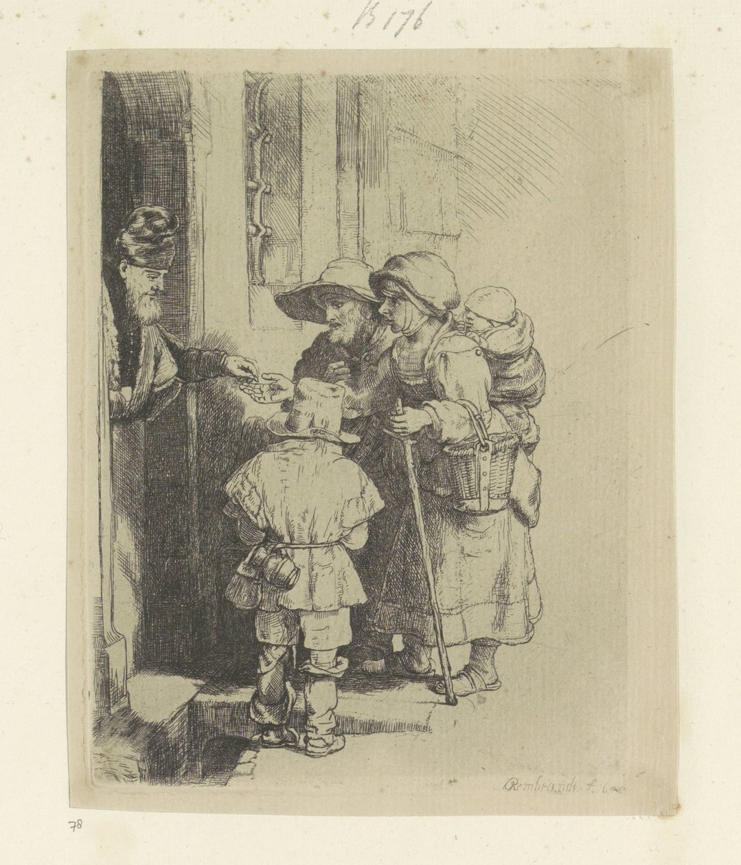 A kolduló család alamizsnát kap egy ház ajtajában Recueil de quatre-vingt-cinq estampes originales (sorozat címe) alkotó: Rembrandt van Rijn