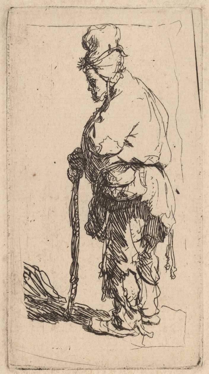 Koldus egy botra támaszkodva, balra fordulva alkotó: Rembrandt van Rijn