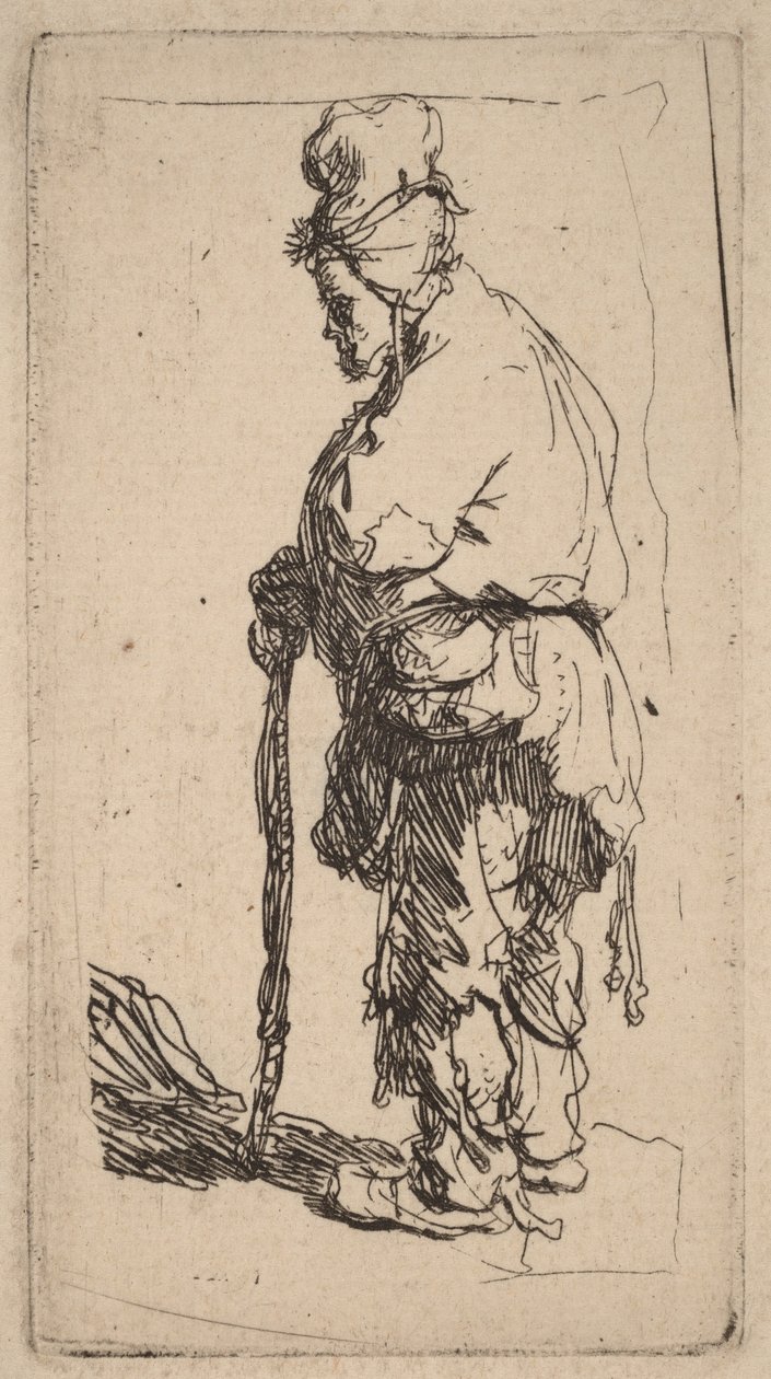 Botra támaszkodó koldus, balra néző alkotó: Rembrandt van Rijn