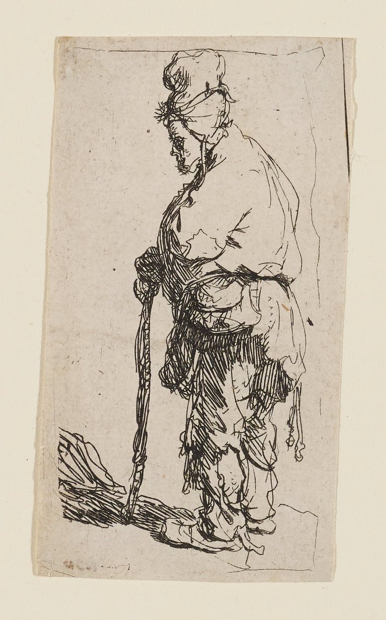 Botra támaszkodó, balra néző koldus alkotó: Rembrandt van Rijn