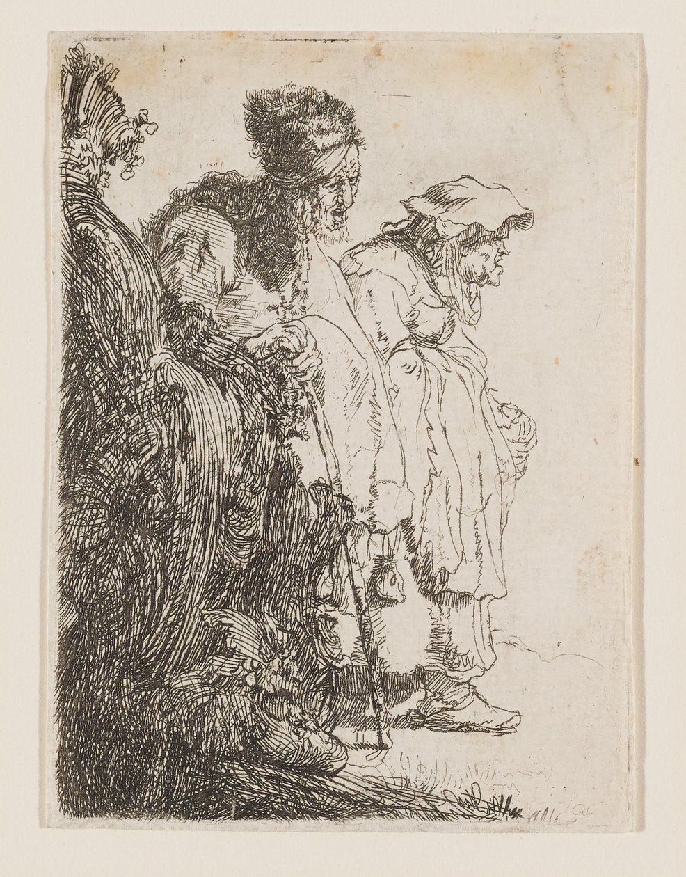 Egy koldus férfi és egy koldus nő egy bank mögött alkotó: Rembrandt van Rijn