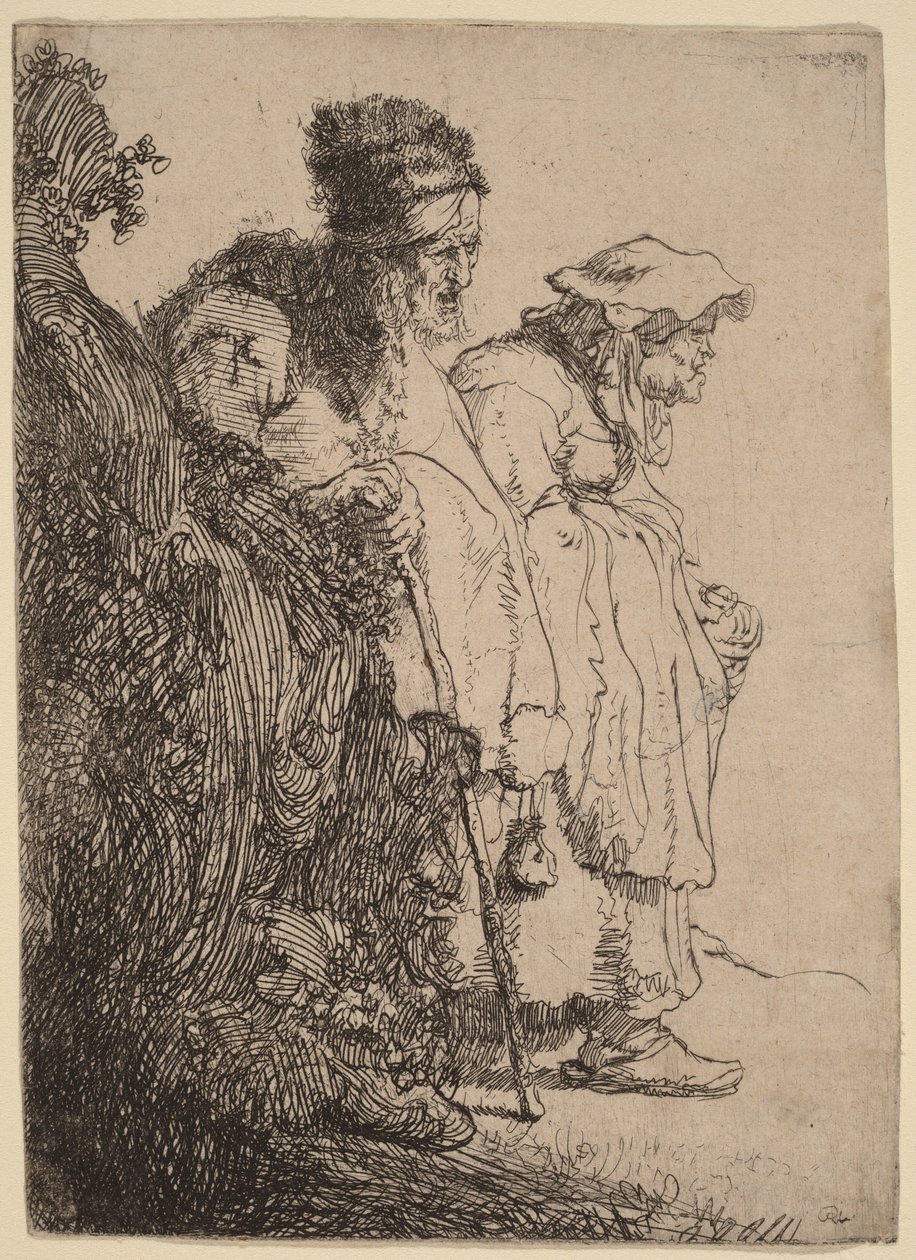 Egy koldus férfi és egy koldus nő egy bank mögött alkotó: Rembrandt van Rijn