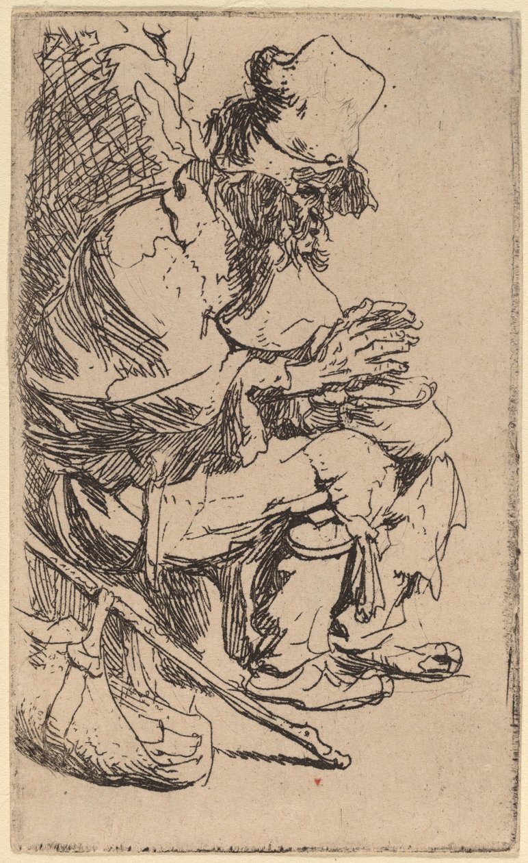 Koldus ül, és kezét melegíti egy dörzsölt edénynél alkotó: Rembrandt van Rijn