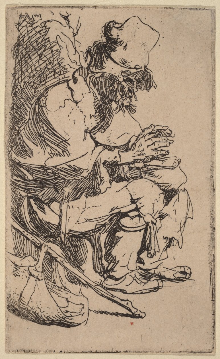 Egy koldus ül, és egy melegítőedénynél melegíti a kezét alkotó: Rembrandt van Rijn