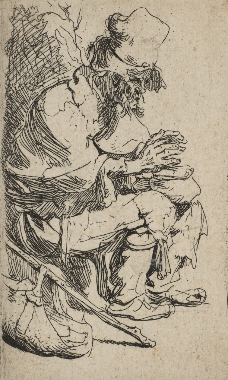 Koldus ül, és kezét melegíti egy dörzsölt edénynél, kb. 1630., kb. 1630. alkotó: Rembrandt van Rijn