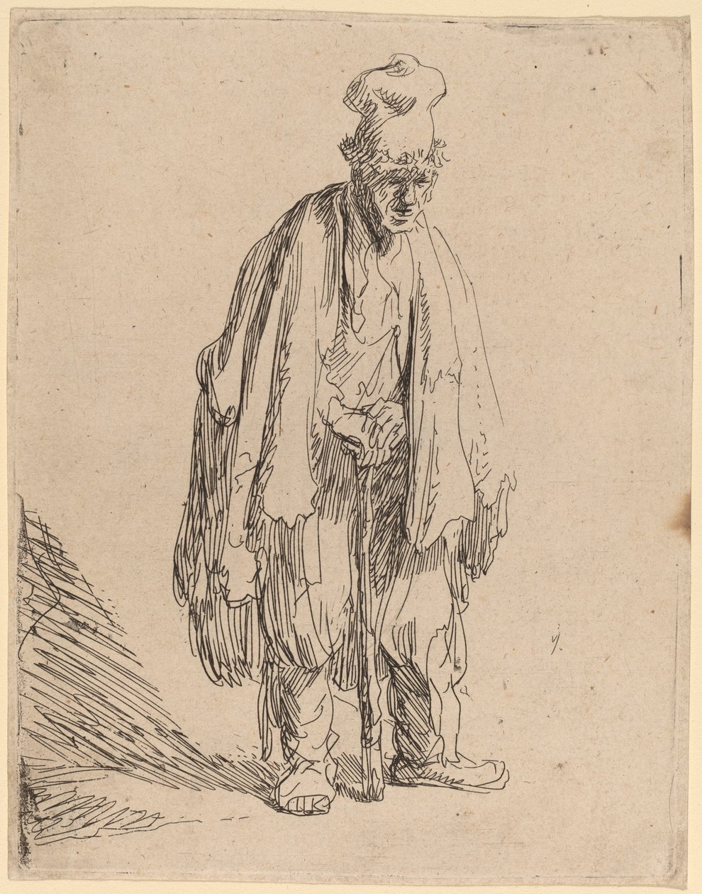 Koldus magas sapkában, állva és botra támaszkodva alkotó: Rembrandt van Rijn