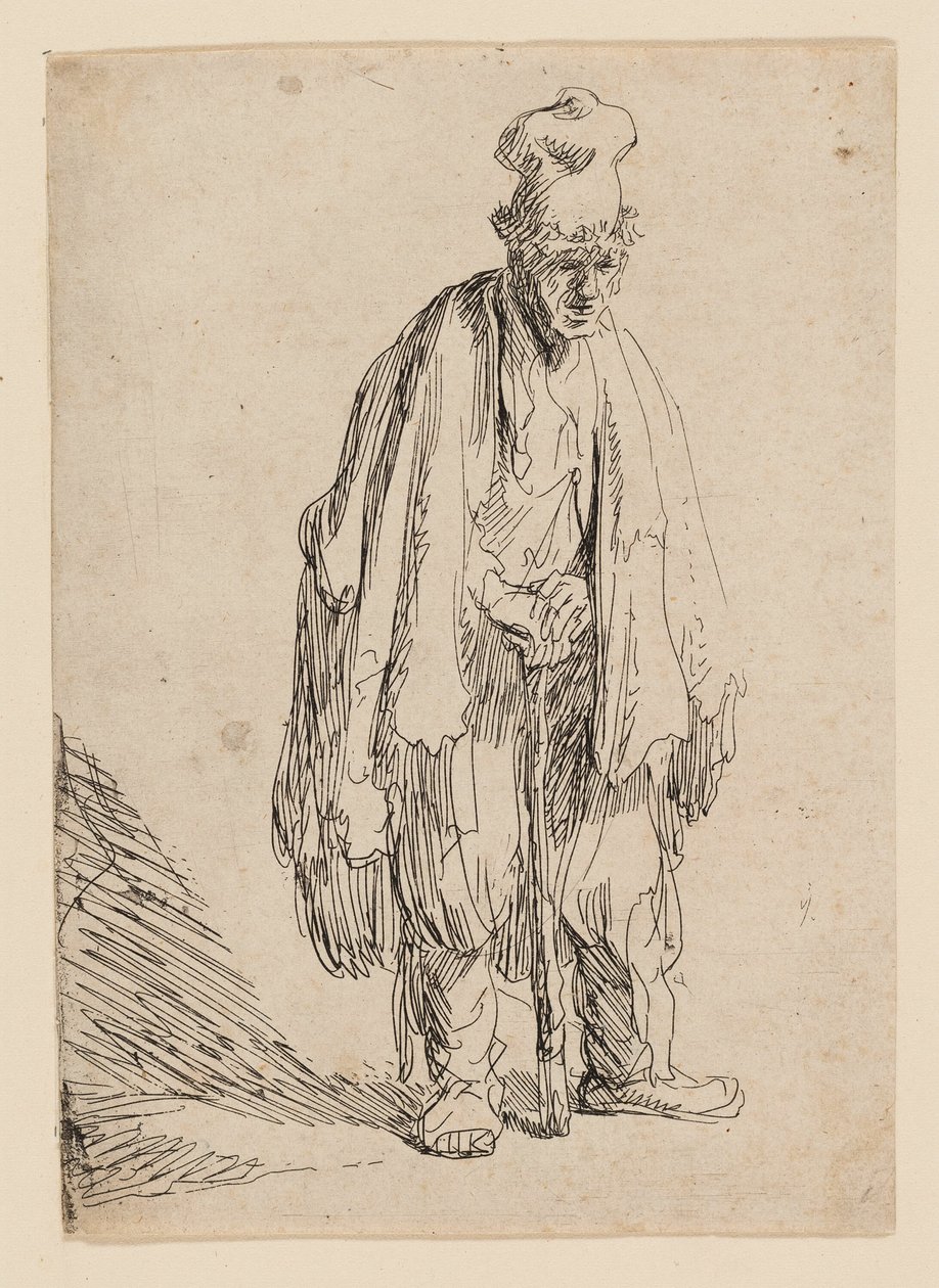 Koldus magas sapkában, áll és botra támaszkodik alkotó: Rembrandt van Rijn