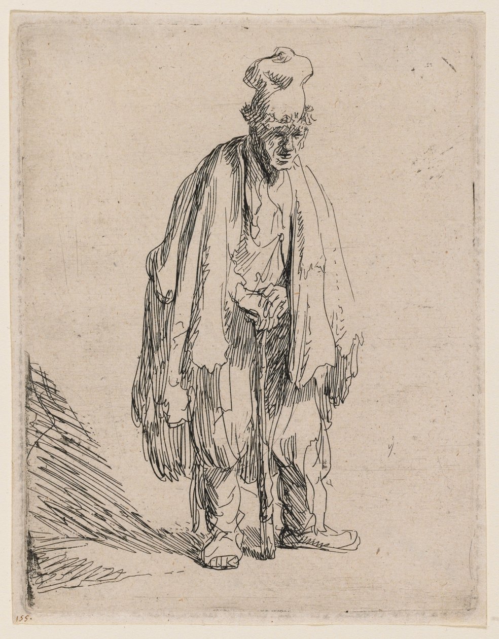 Koldus magas sapkában, állva, botra támaszkodva alkotó: Rembrandt van Rijn
