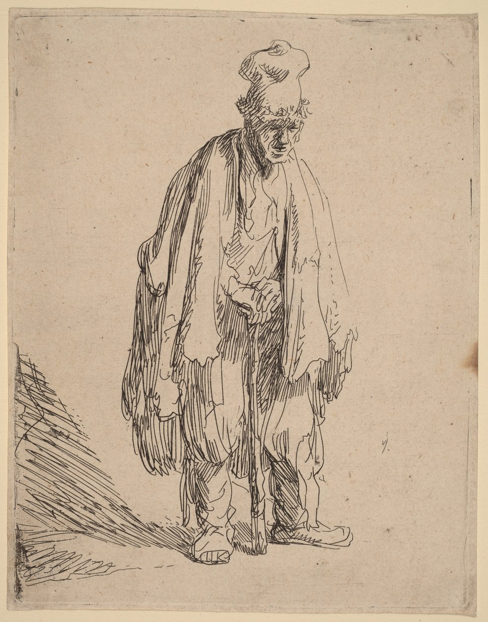 Koldus magas sapkában, állva, botra támaszkodva alkotó: Rembrandt van Rijn