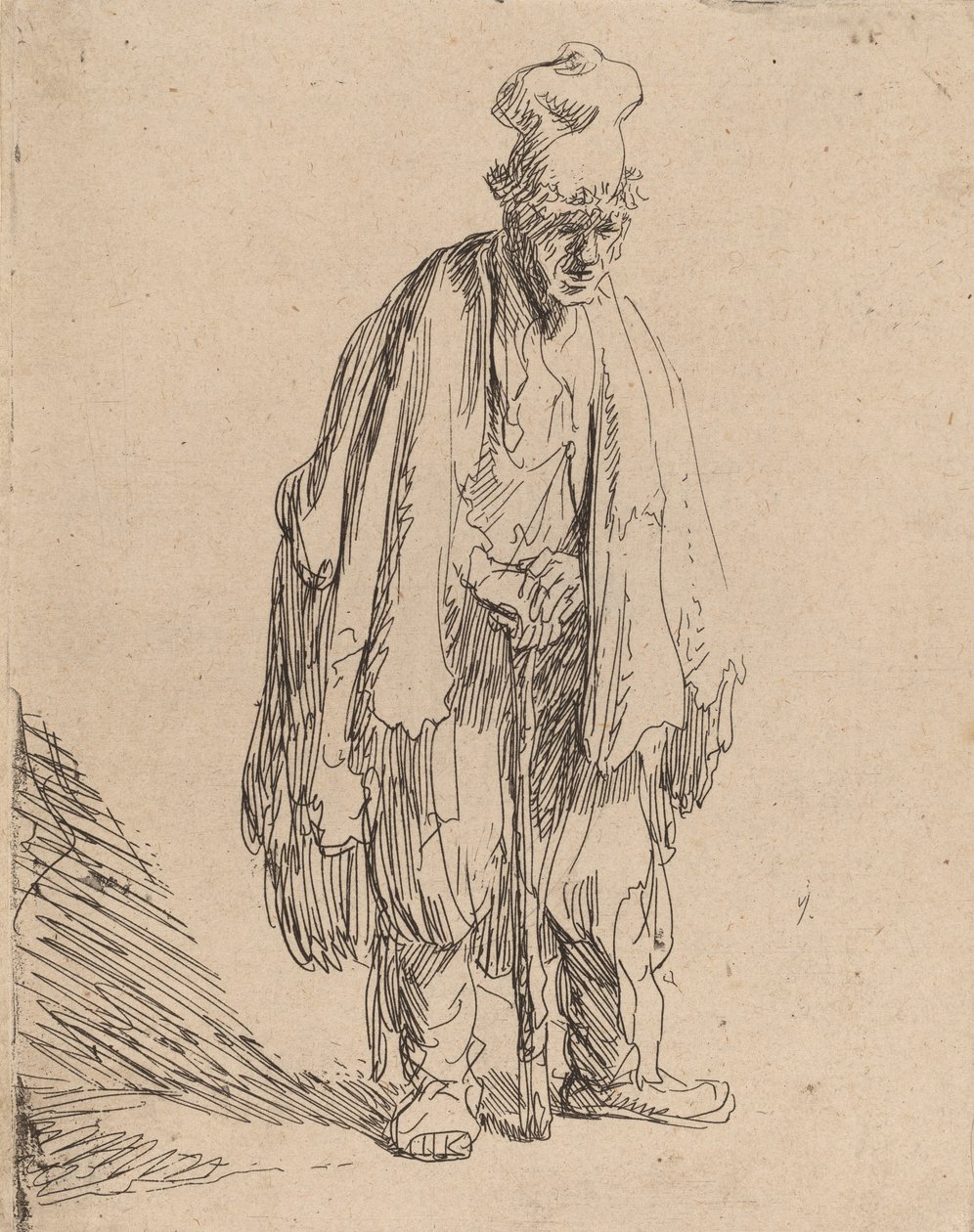 Koldus magas sapkában, állva és botra támaszkodva, c. 1630. alkotó: Rembrandt van Rijn