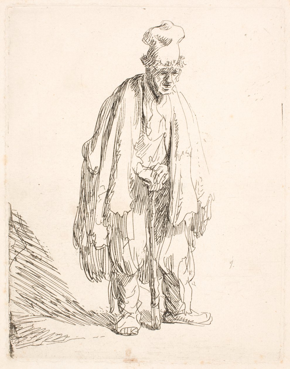 Magas sapkás koldus, aki állva egy botra támaszkodik alkotó: Rembrandt van Rijn