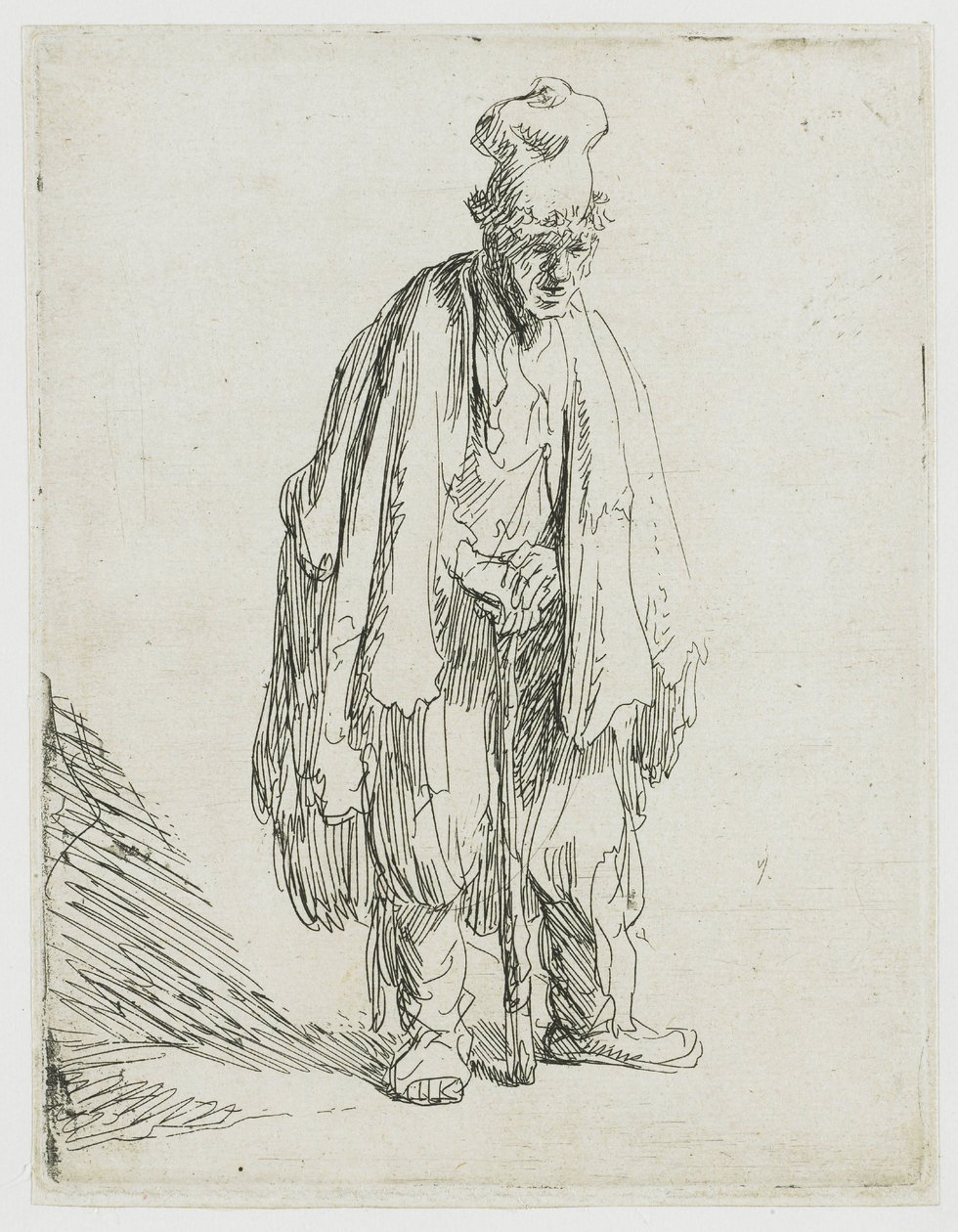 Magas sapkás koldus, aki állva egy botra támaszkodik alkotó: Rembrandt van Rijn