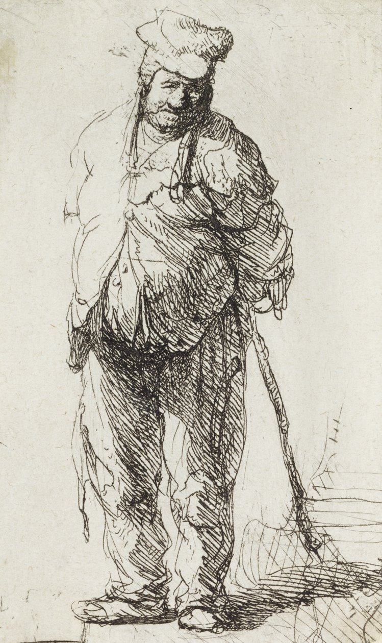 Pálcára támaszkodó koldus (toll és tinta papíron) alkotó: Rembrandt van Rijn