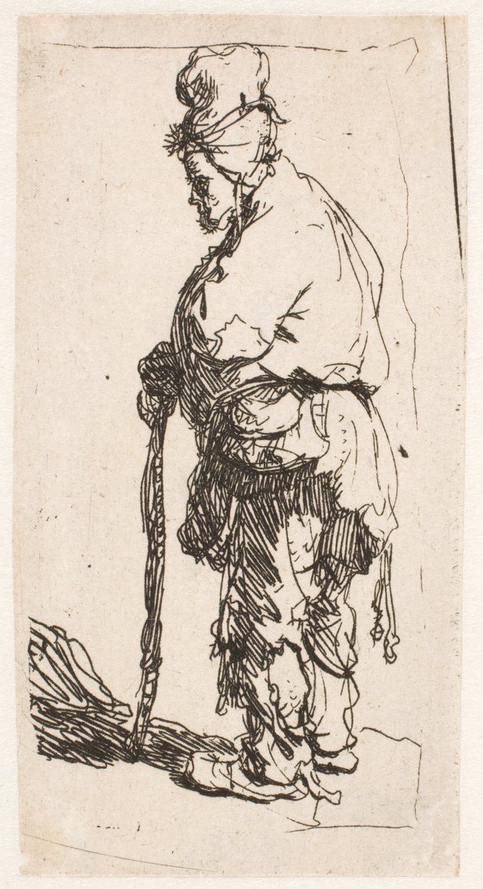 Egy botra támaszkodó koldus, balra néző alkotó: Rembrandt van Rijn