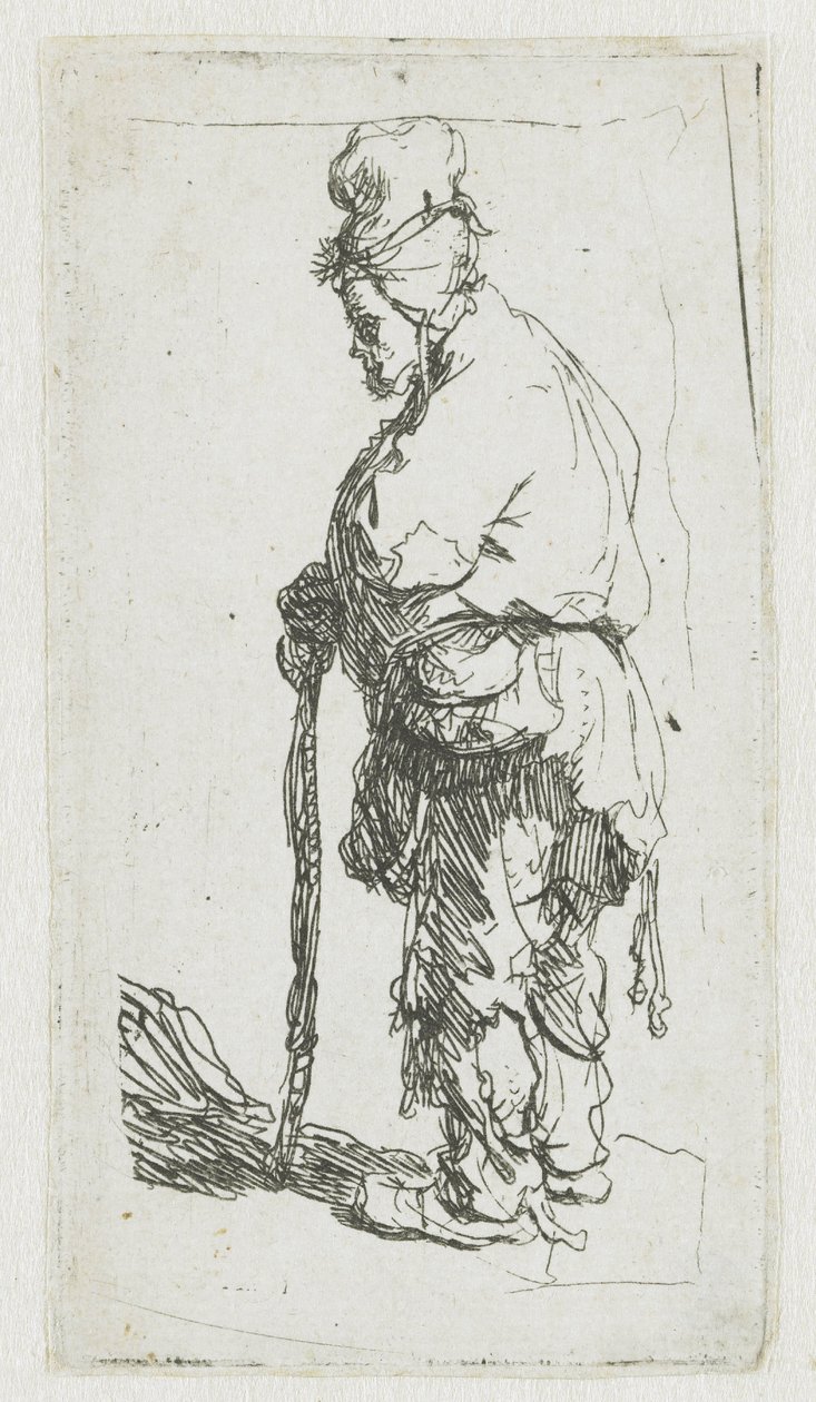 Egy botra támaszkodó koldus, balra néző alkotó: Rembrandt van Rijn