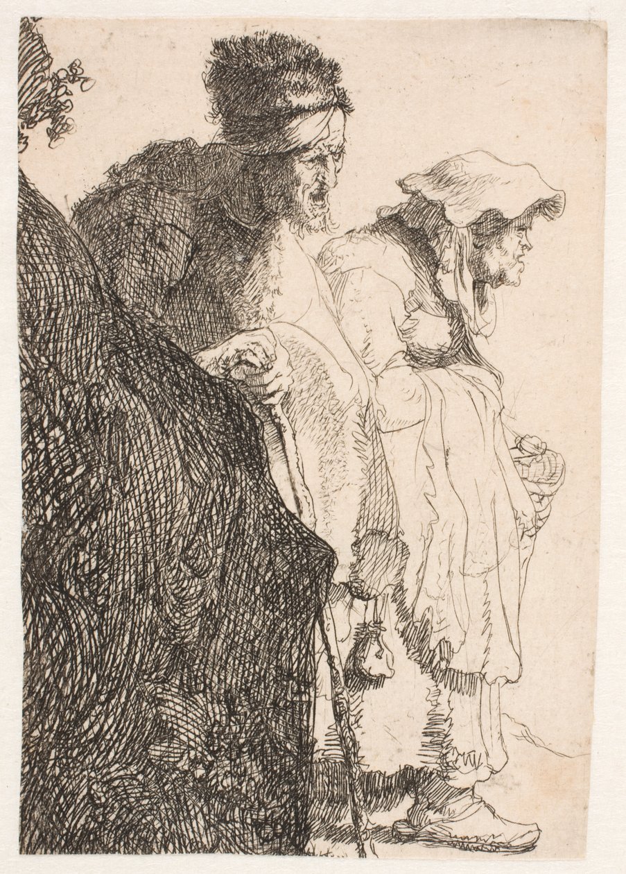 Egy koldus férfi és egy koldus nő egy bank mögött alkotó: Rembrandt van Rijn