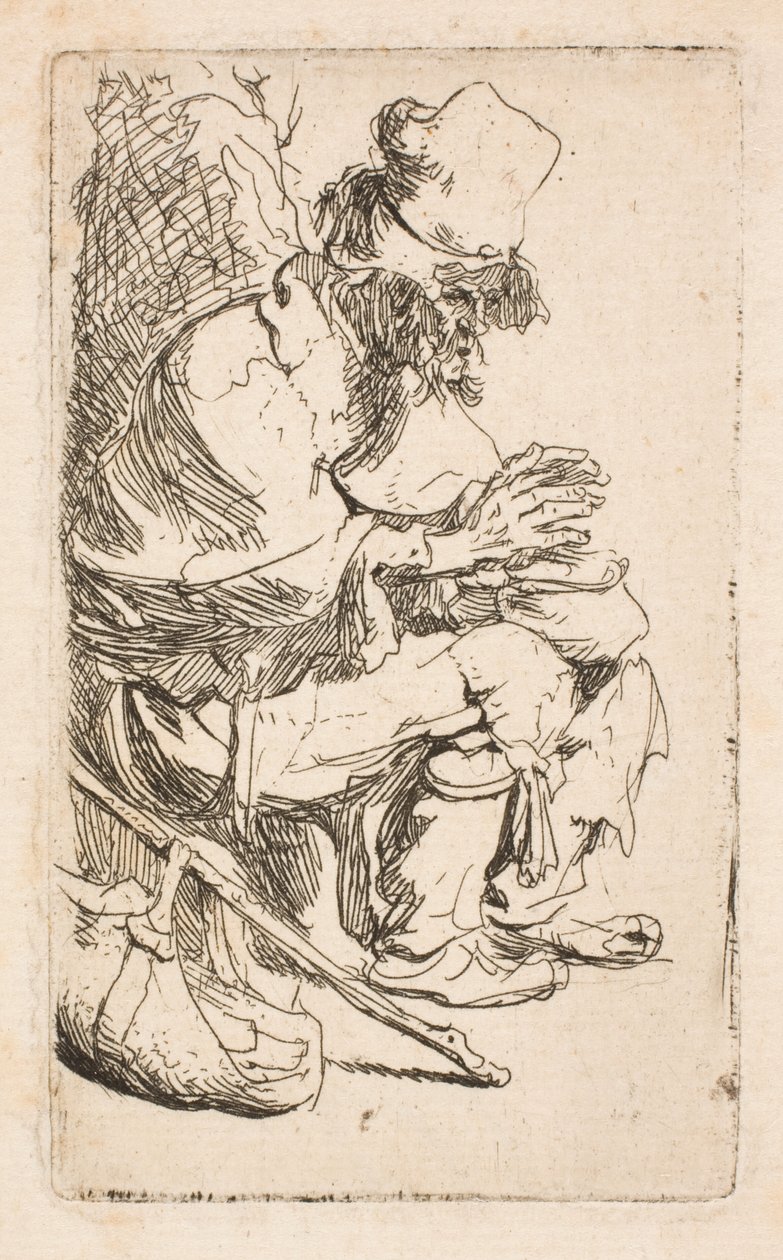 Egy koldus ül, és egy melegítőedény mellett melegíti a kezét alkotó: Rembrandt van Rijn