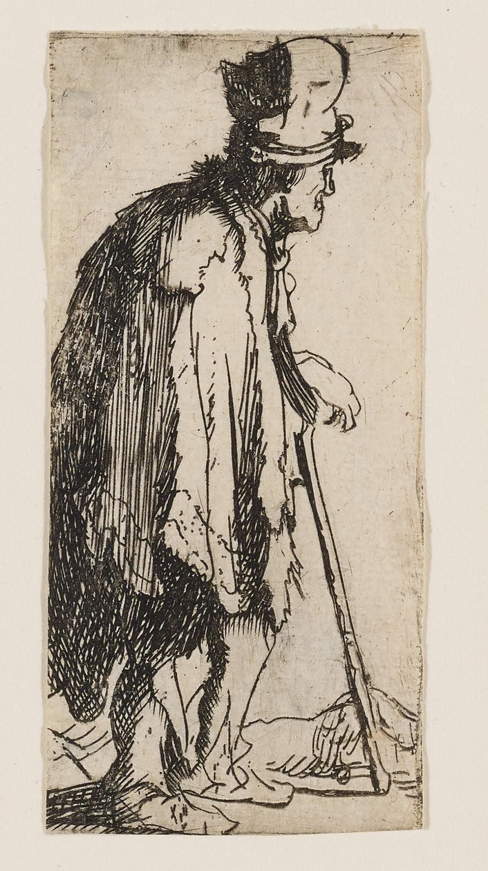 Keresztlábú koldus, aki botra támaszkodik alkotó: Rembrandt van Rijn