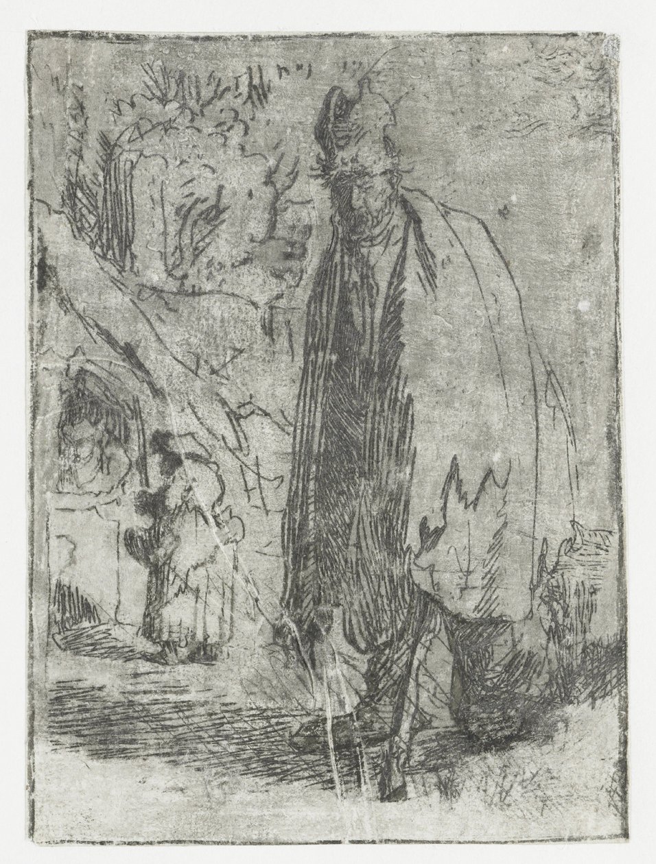 Koldus egy kunyhóval és két alakkal a háttérben alkotó: Rembrandt van Rijn