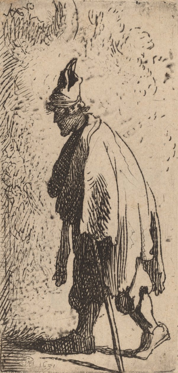 Pálcás koldus, balra sétálva, 1631. alkotó: Rembrandt van Rijn