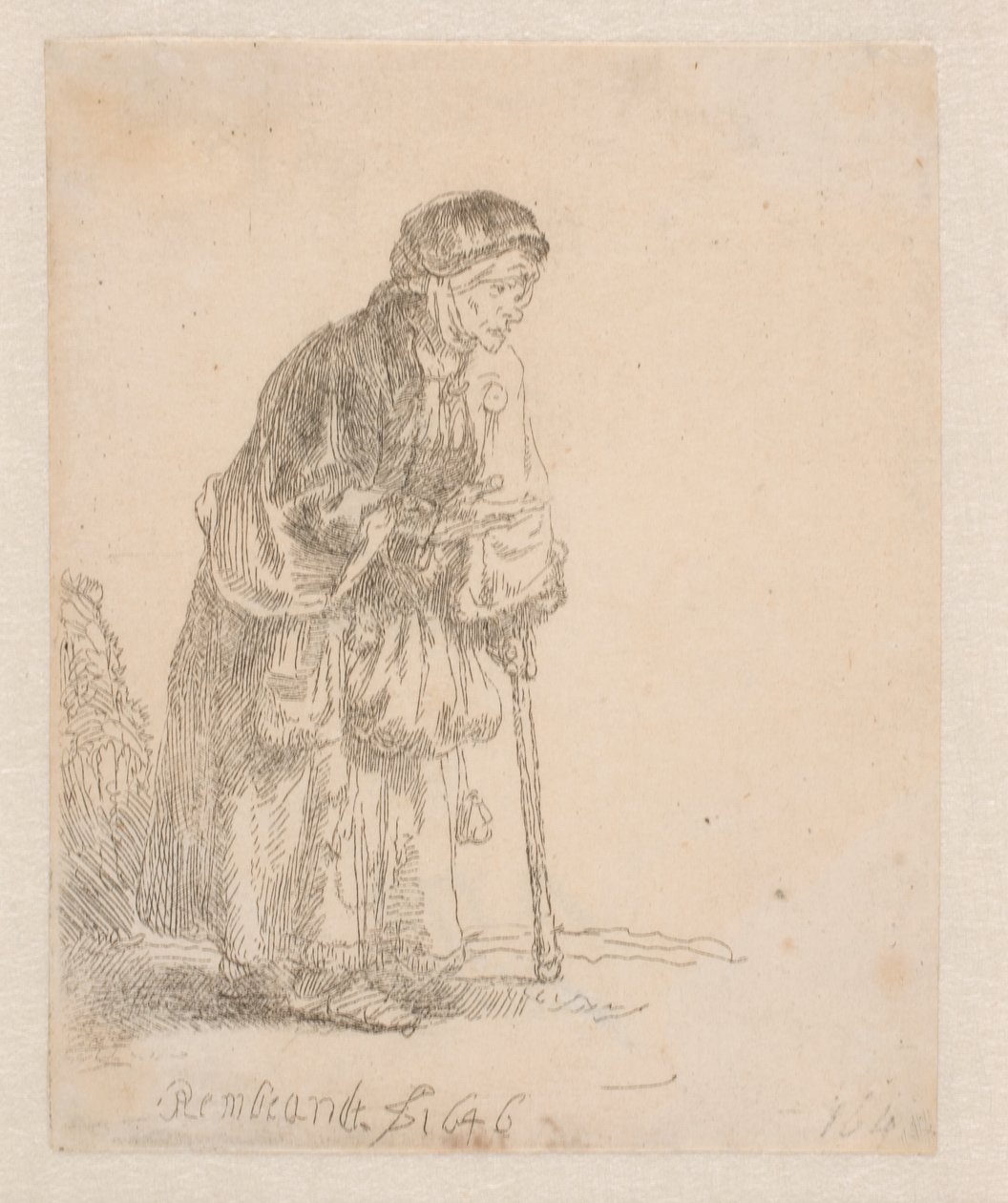 Egy botra támaszkodó koldusasszony alkotó: Rembrandt van Rijn