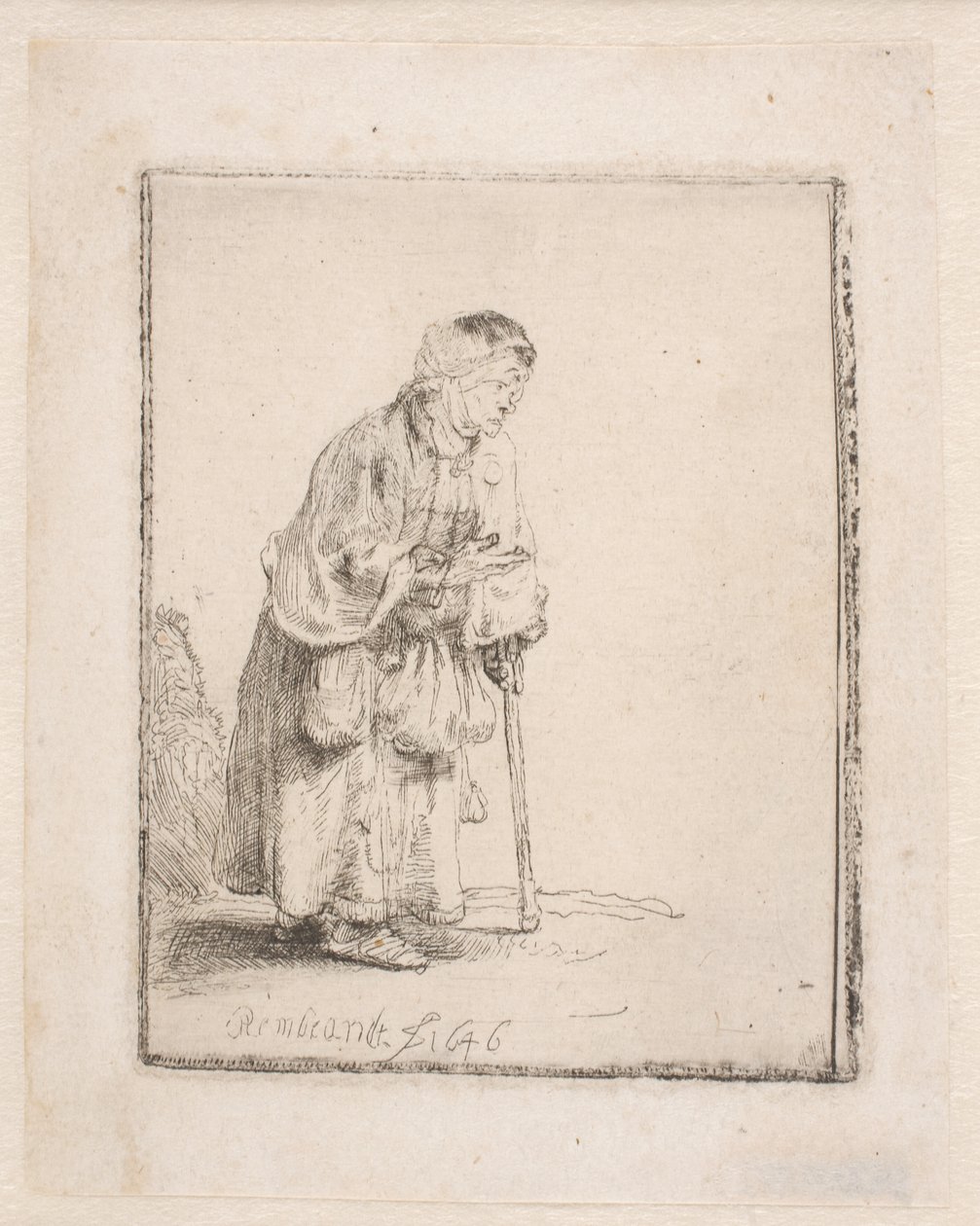 Egy botra támaszkodó koldusasszony alkotó: Rembrandt van Rijn