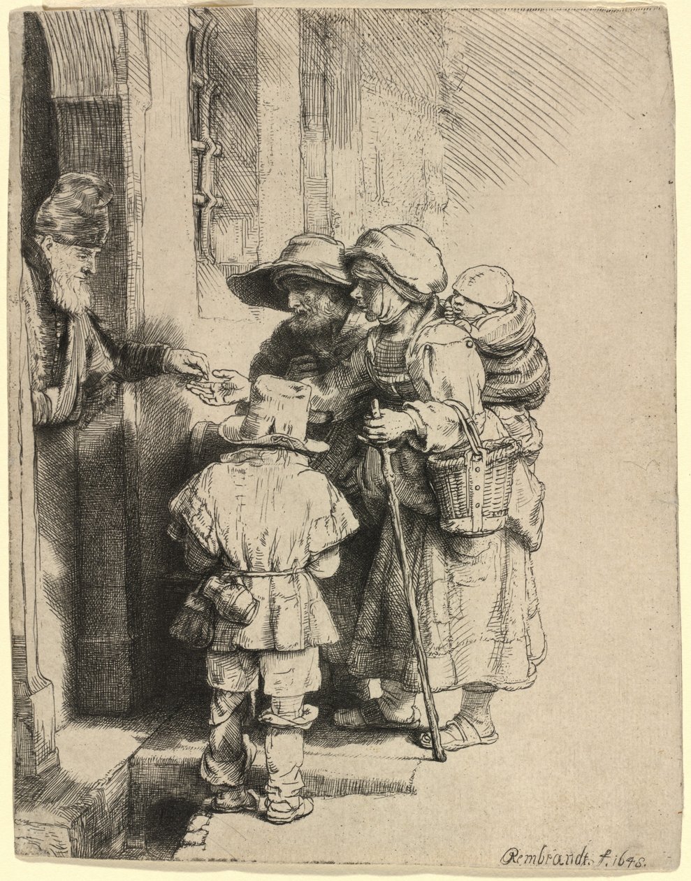 Koldusok alamizsnát kapnak egy ház ajtajában alkotó: Rembrandt van Rijn