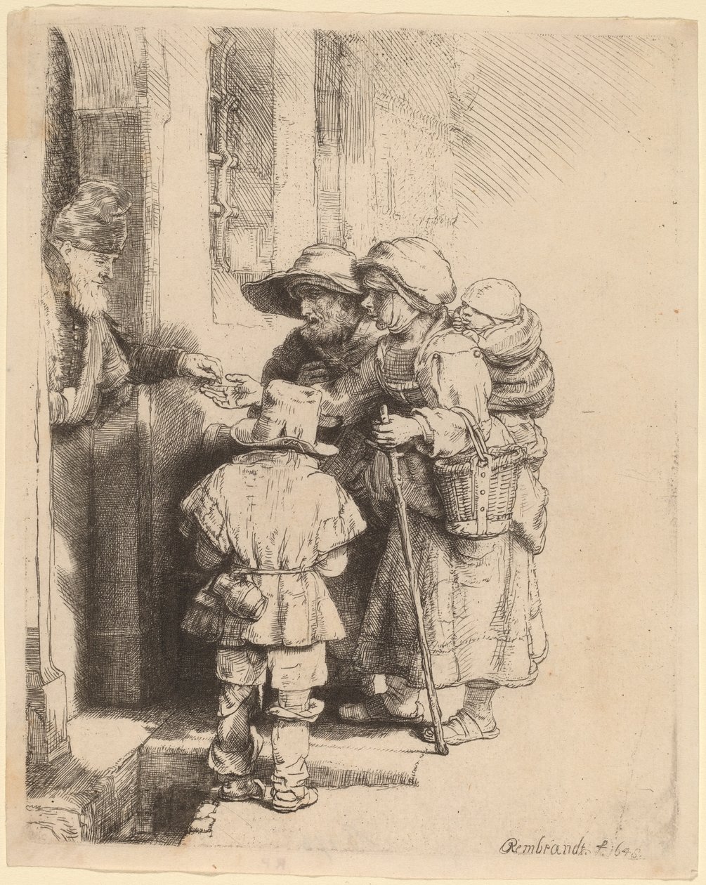 Koldusok alamizsnát kapnak egy ház ajtajában alkotó: Rembrandt van Rijn