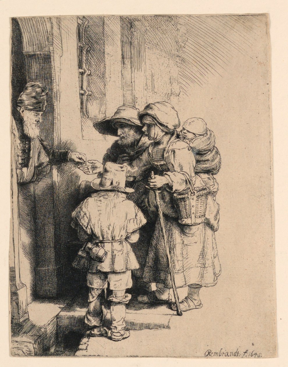 Koldusok alamizsnát kapnak a ház ajtajában alkotó: Rembrandt van Rijn