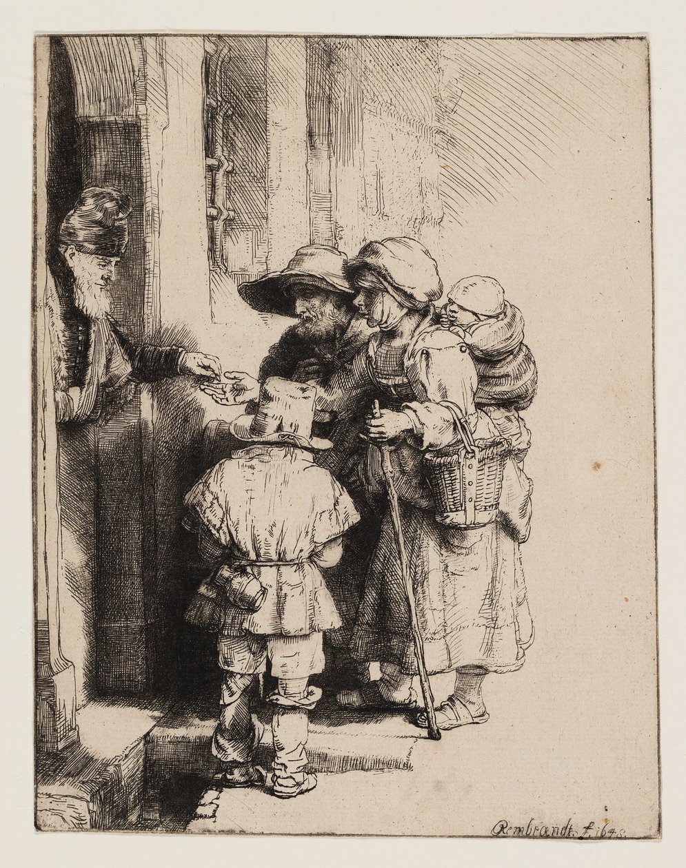 Koldusok alamizsnát kapnak egy ház ajtajában alkotó: Rembrandt van Rijn
