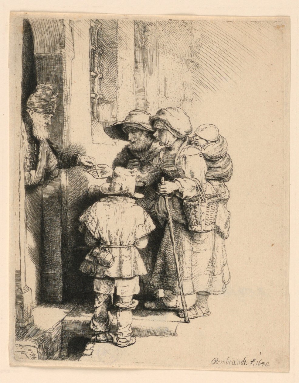 Koldusok alamizsnát kapnak egy ház ajtajában alkotó: Rembrandt van Rijn