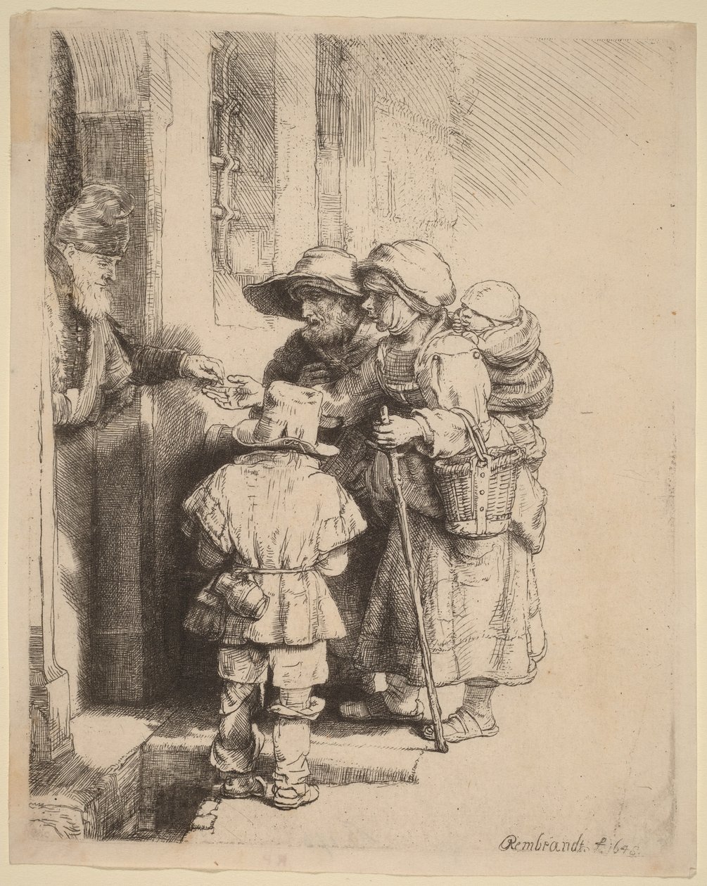 Koldusok, akik alamizsnát kapnak egy ház ajtajánál alkotó: Rembrandt van Rijn