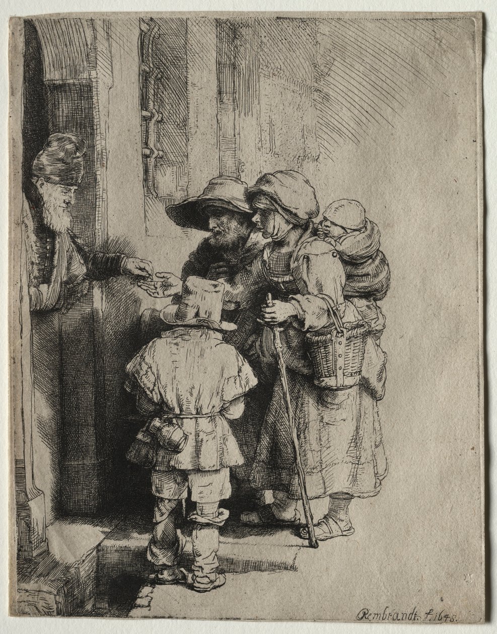 A koldusok alamizsnát kapnak egy ház ajtajában, 1648. alkotó: Rembrandt van Rijn
