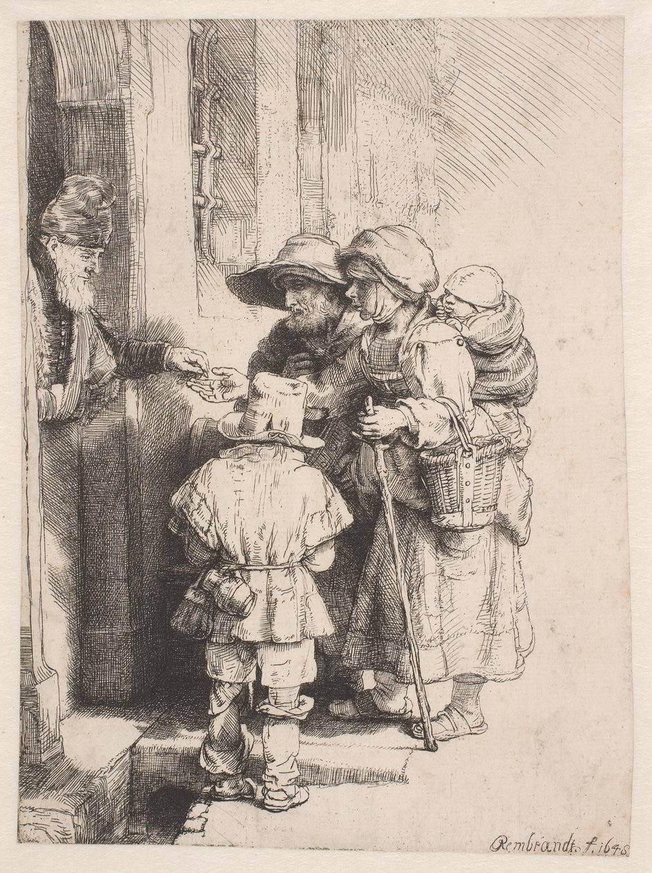 Koldusok, akik egy ház ajtajánál alamizsnát kapnak alkotó: Rembrandt van Rijn